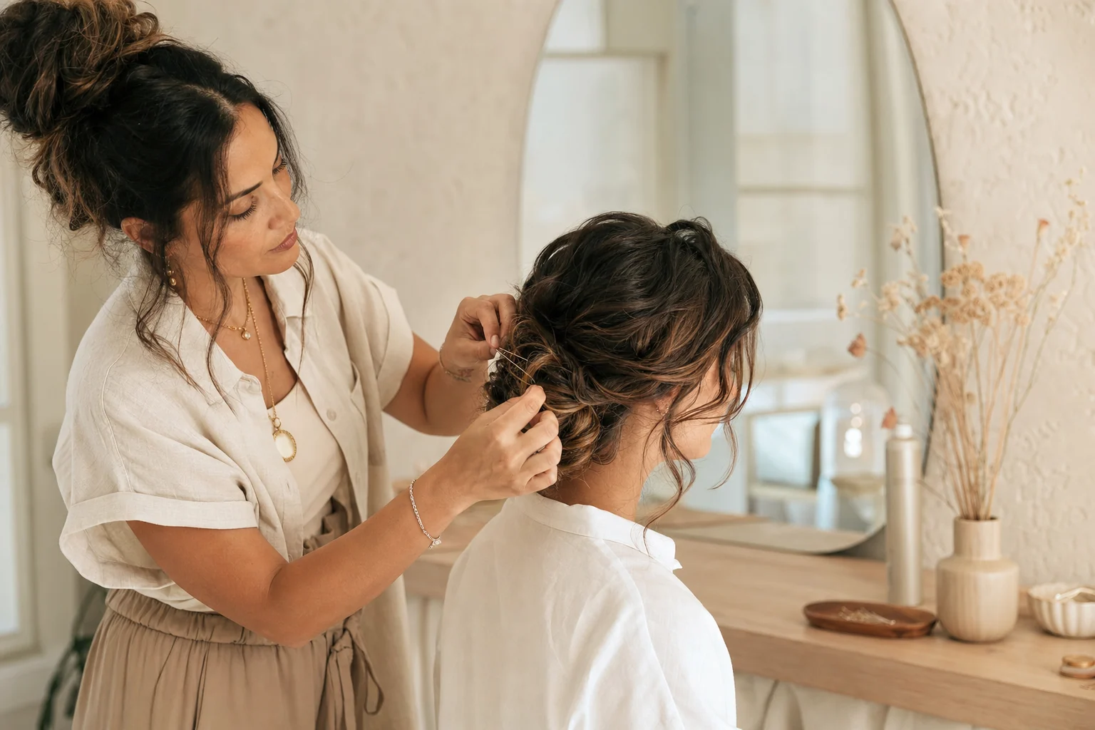 Bridal hair stylist refining a soft updo during a professional trial