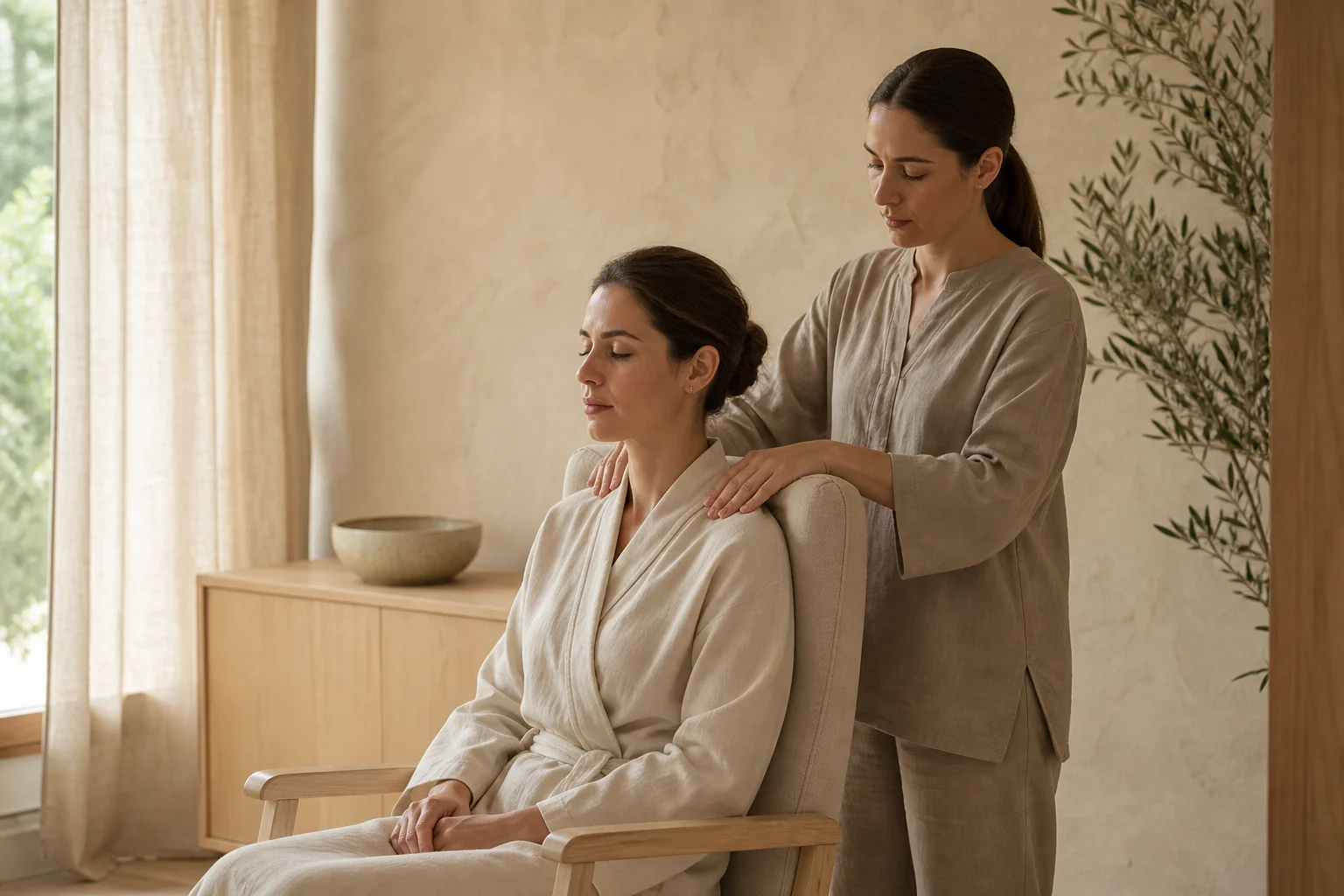 Wellness therapist giving a seated shoulder relaxation treatment in a calm studio