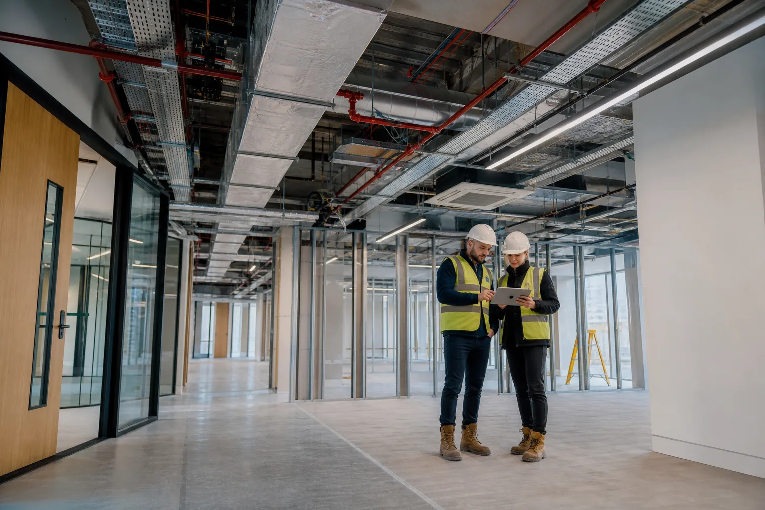 Site team reviewing coordinated ductwork, cable trays and fire services during an office fit-out