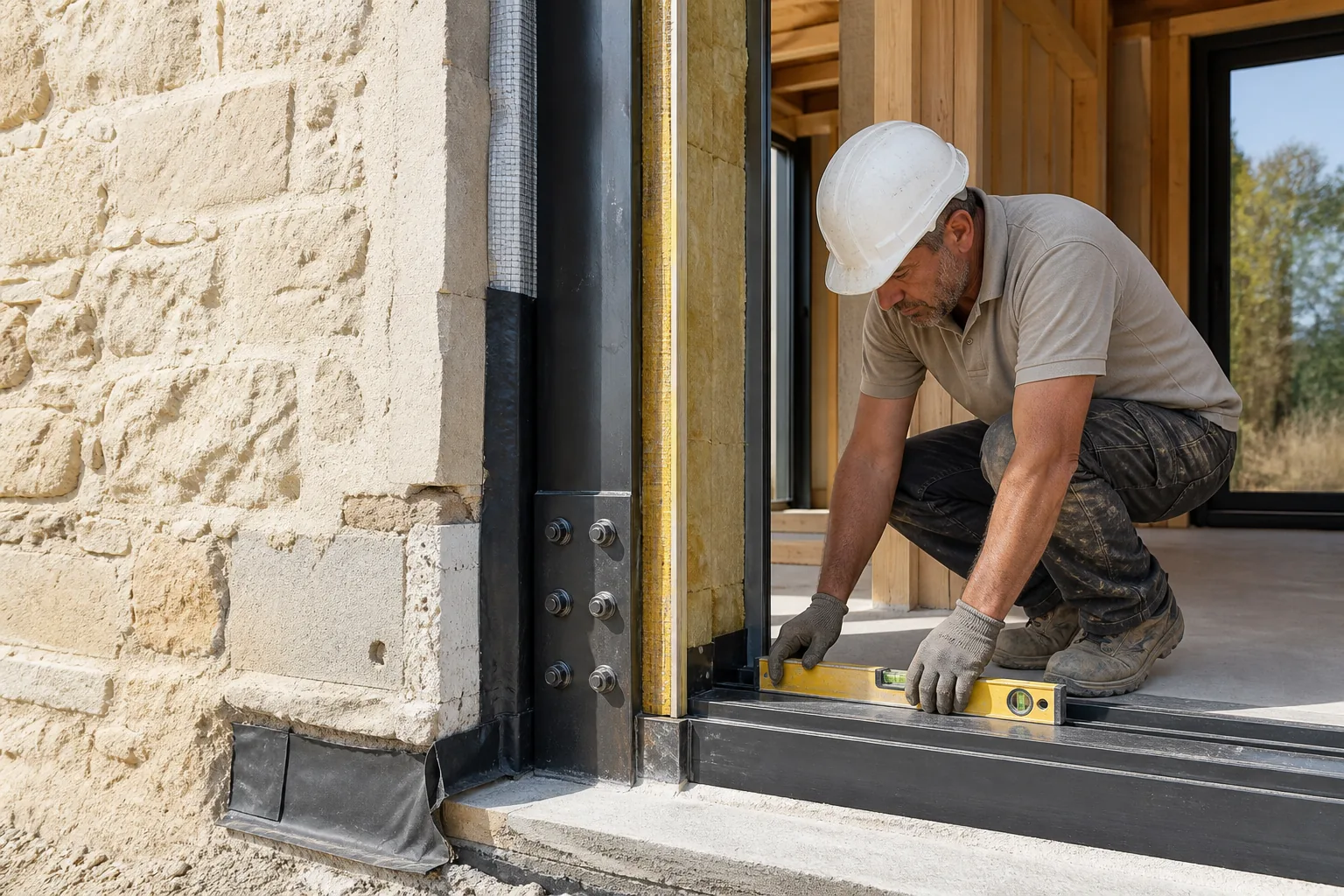 Builder checking the weathered threshold where a new timber extension meets an existing stone house