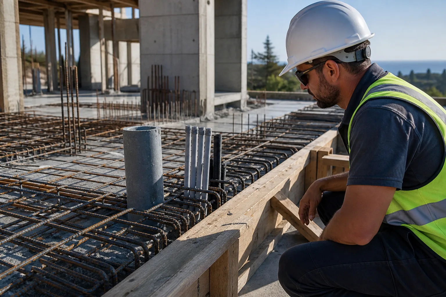 Construction professional inspecting rebar, formwork and service penetrations before a concrete pour