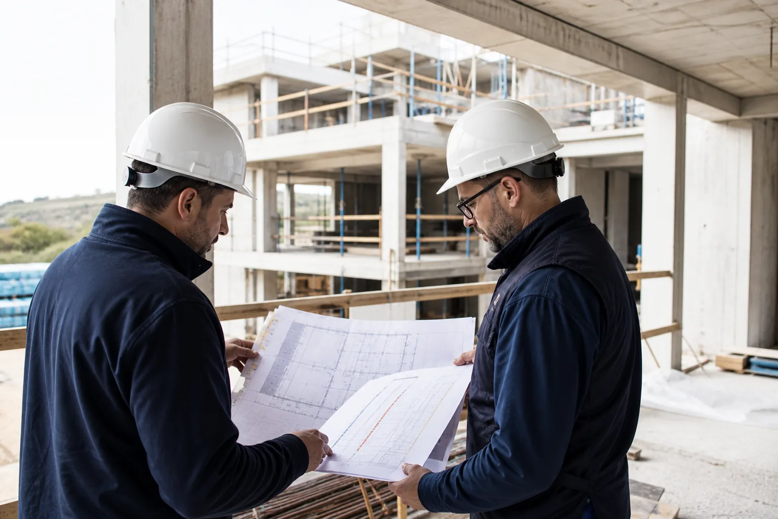Construction manager and architect reviewing drawings against progress on a concrete residential structure
