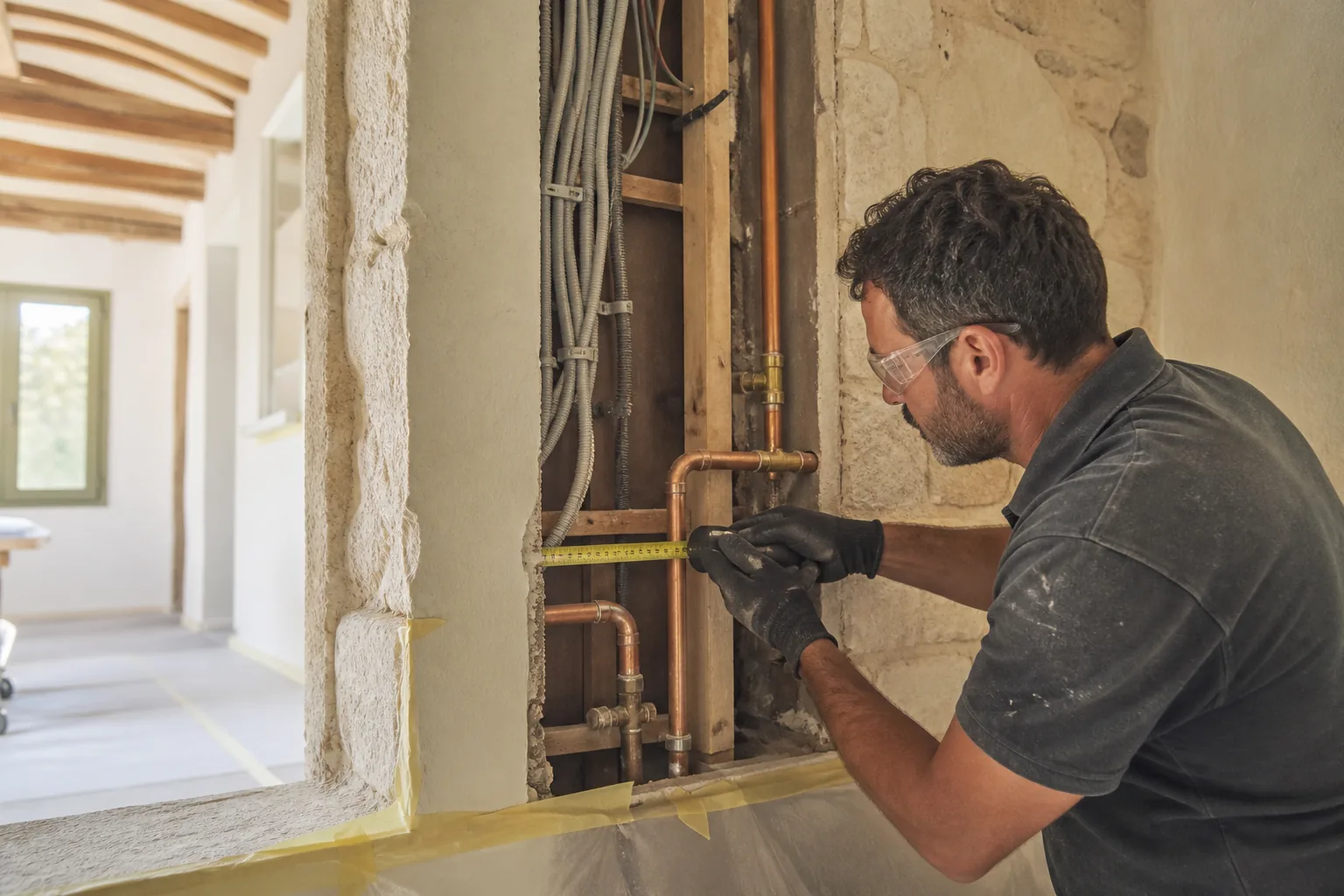 Tradesperson measuring new plumbing and electrical routes within the opened wall of a stone home